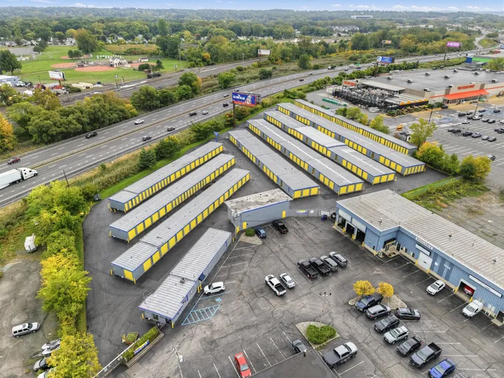 Aerial view of Storage Star self-storage in Albany on Central Ave, with yellow drive-up units located next to I-87