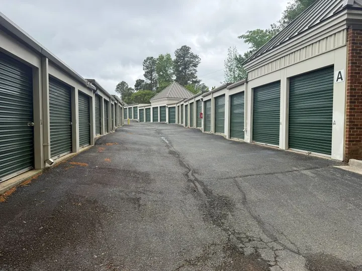 Outdoor drive-up storage units in Richmond, VA, with convenient wide drive aisles