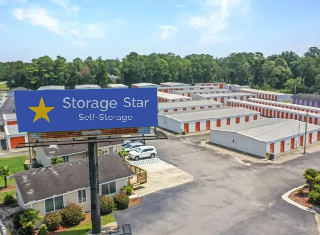 Aerial view of Storage Star Self-Storage in Little River, SC, at 108 US-17, featuring outdoor drive-up storage units and a branded billboard