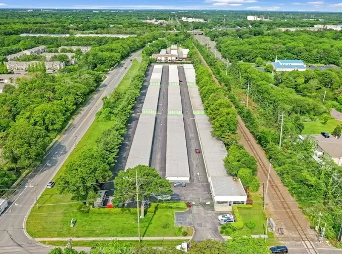 Aerial view of Storage Star Self-Storage in Holtsville on Waverly Ave, with long rows of drive-up units and outdoor vehicle storage