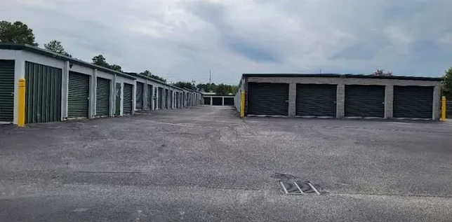 Outdoor drive-up storage in Columbia, SC, with convenient wide drive aisles