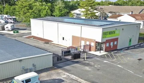 Aerial view of Storage Star Self-Storage in Glassboro at Cross Keys Rd, with a secure gated entrance and paved parking lot
