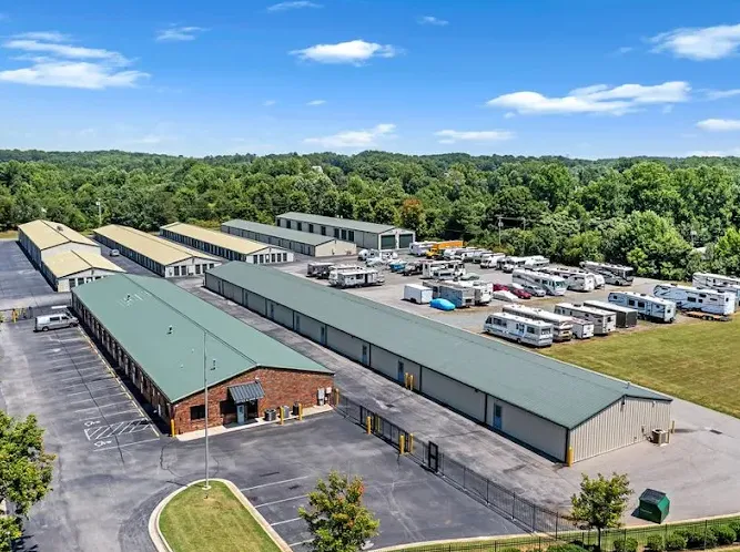 Aerial view of Storage Star Winston-Salem storage buildings with green roofs and outdoor recreational vehicle parking lot