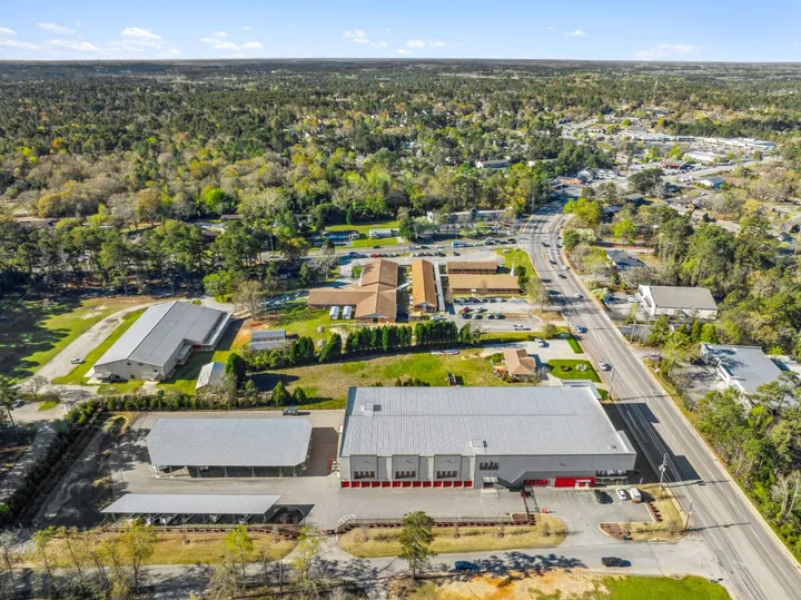 Aerial view of Storage Star Self-Storage in Aiken on Hamilton Dr, with red drive-up units and covered vehicle parking spaces