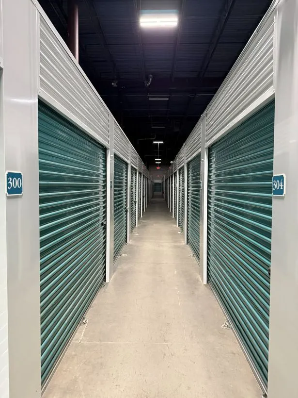 A hallway of climate-controlled storage units in Dracut