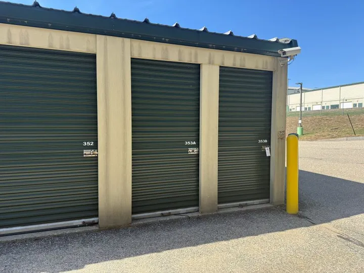 Close-up of convenient outdoor drive-up storage units in Sanford, ME on Main St