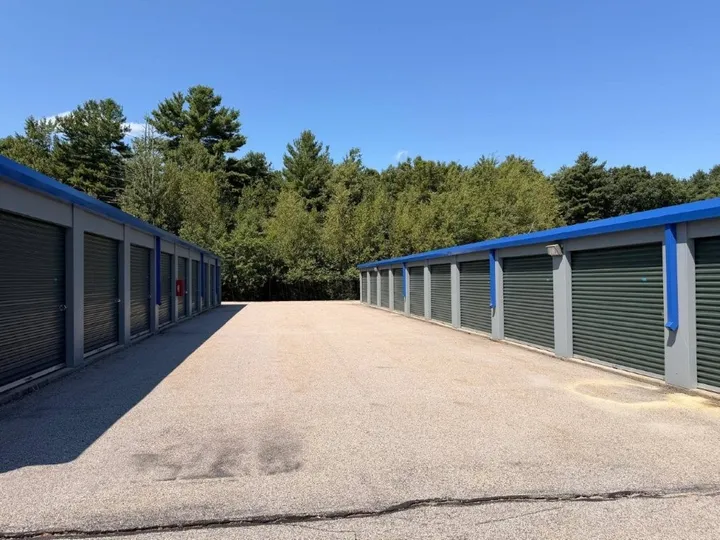 Paved driving aisle between rows of drive-up storage units in Coventry on 1185 Tiogue Ave with green roll-up doors and blue trim