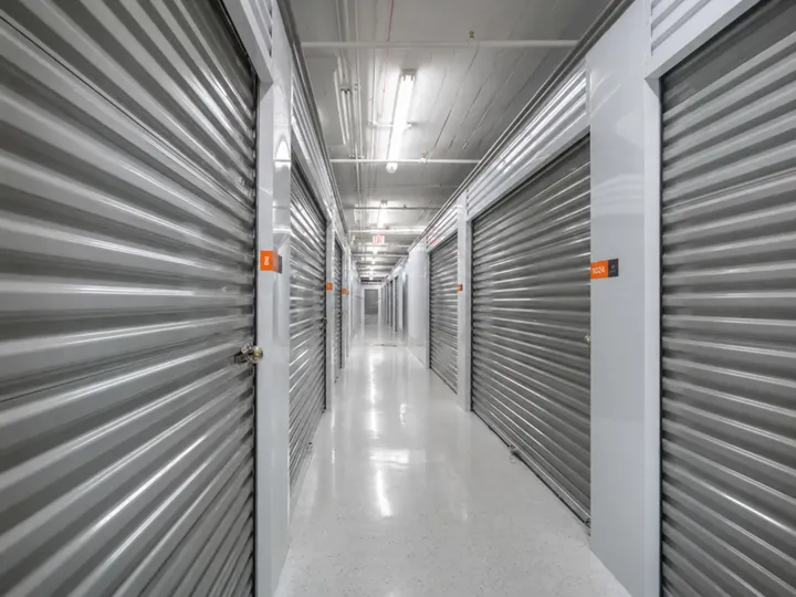 Exterior view of a modern, multi-story self-storage facility with numerous rollup doors on the ground level.