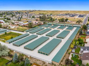 Aerial view of the storage facility with multiple buildings of drive-up units.