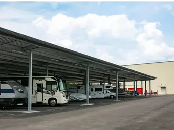 A large metal canopy with covered RV and trailer parking at Storage Star Self-Storage in Aiken on Hamilton Dr