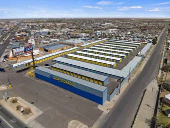 Aerial view of self-storage facility with single-story drive-up units.