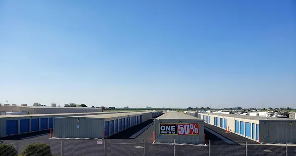 Elevated view of storage buildings and vehicle parking