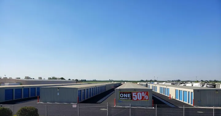 Elevated view of storage buildings and vehicle parking