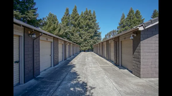 Two rows of outdoor drive-up storage units with tan roll-up doors and tall pine trees behind them