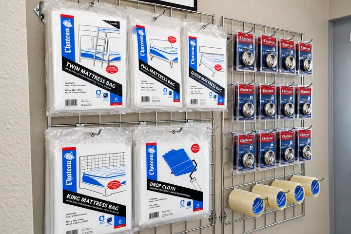 A retail display wall featuring mattress bags, disc locks, and rolls of packing tape for sale