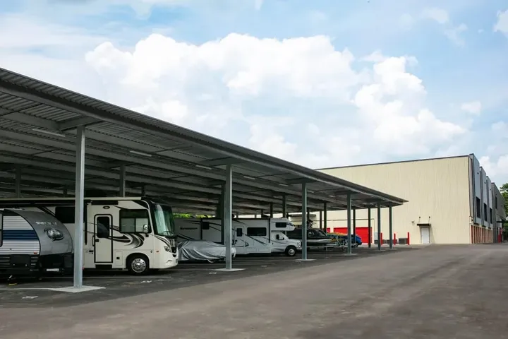 A large metal canopy with covered RV and trailer parking at Storage Star Self-Storage in Aiken on Hamilton Dr