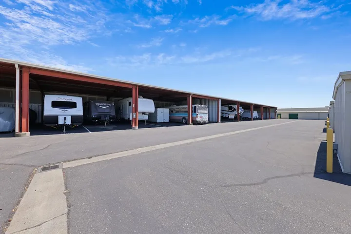 Covered parking spaces for recreational vehicles.