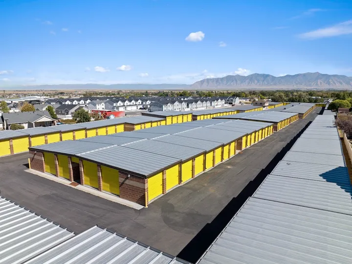 Aerial view of self-storage facility with yellow unit doors.