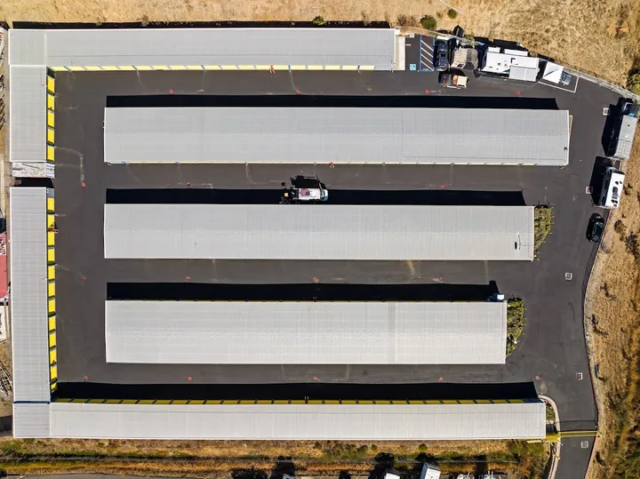 Aerial view of storage units, RVs, and vehicle parking