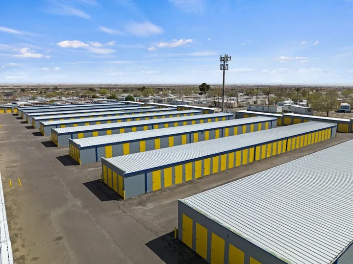Aerial view of extensive rows of single-story storage units.
