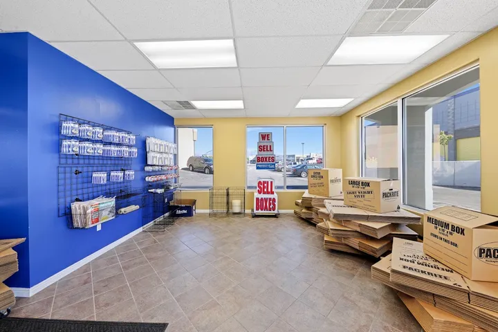 Office interior with packing supplies for sale.