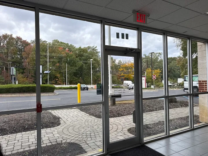 View from inside to outside through office windows