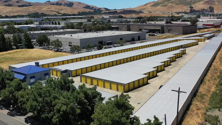 Aerial view of the self-storage facility with yellow unit doors.