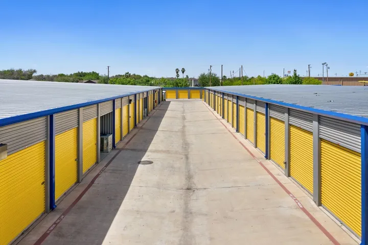 Outdoor drive-up storage units.
