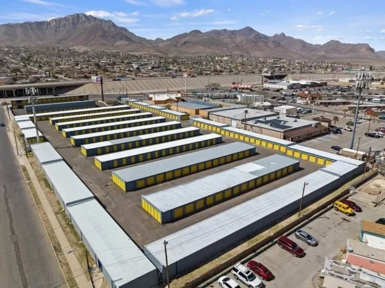 Aerial view of storage facility with rows of single-story units.