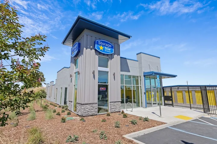 Exterior view of the storage facility office building and entrance.