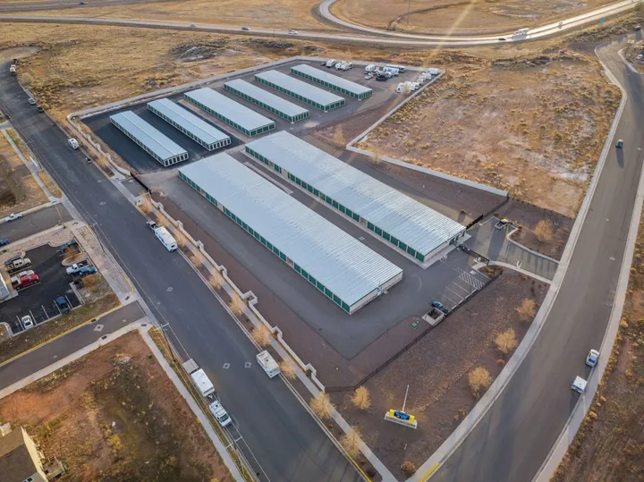Aerial view of storage facility and surrounding area