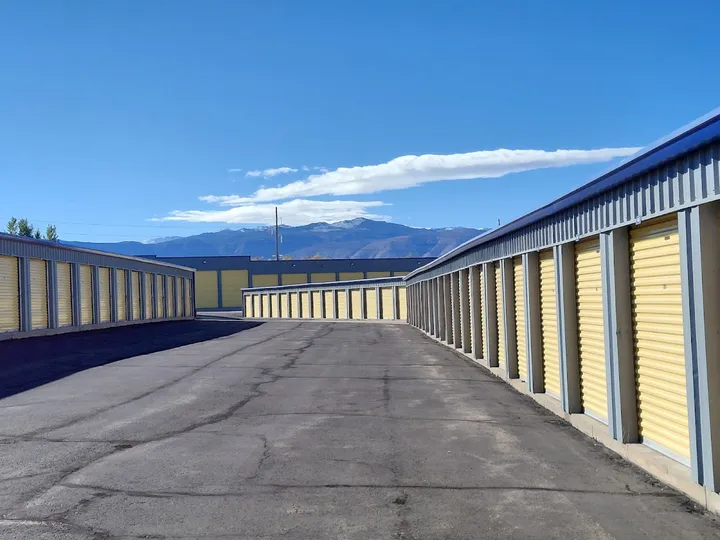 View of storage units with mountains in the background