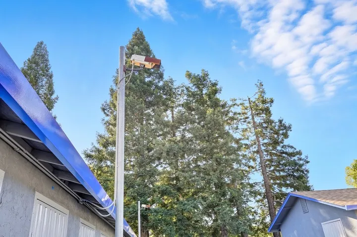 Exterior view with a tall light pole and trees against the sky