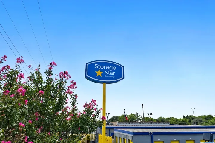 Storage Star pole sign peeking through flowering bush.