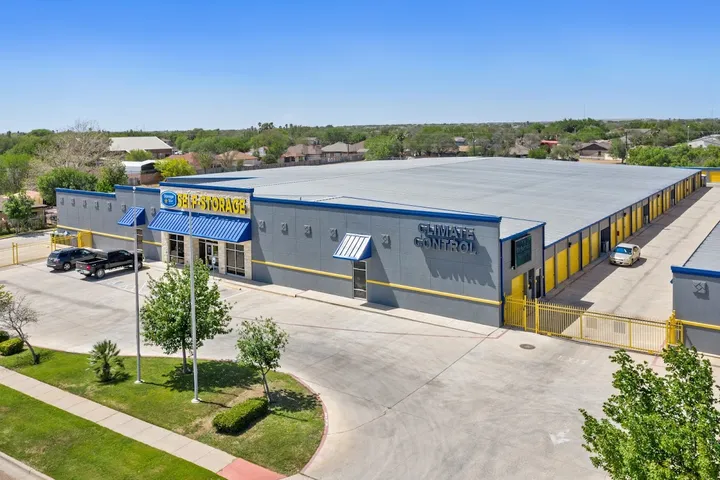 Aerial view of a self-storage facility with climate control building.