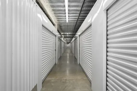 Interior hallway of climate-controlled self-storage units on Chicago’s North Side